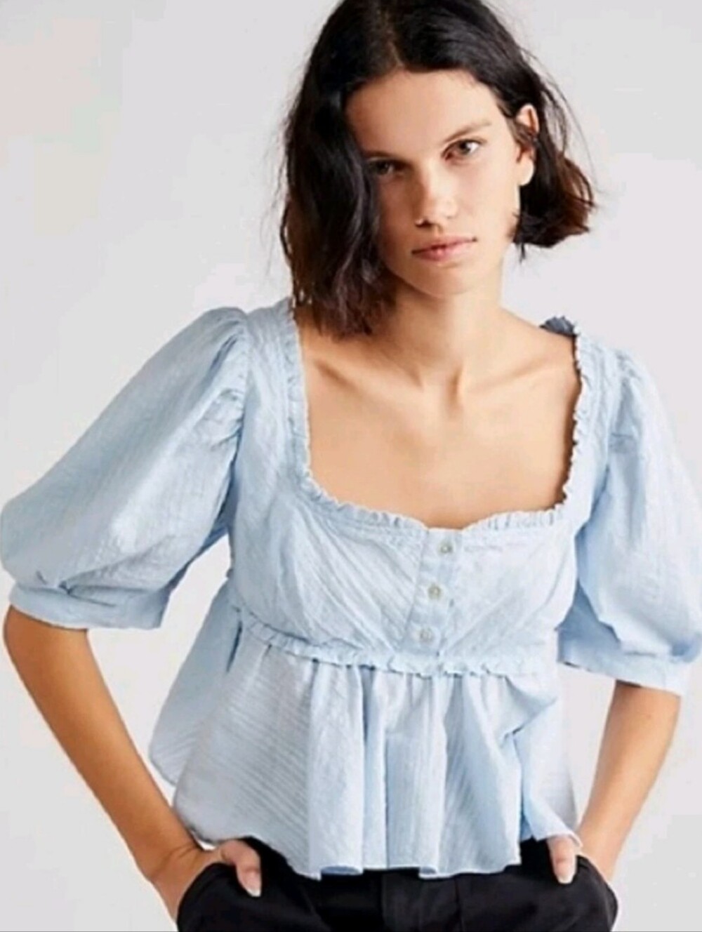 Free People Womens Light Blue Leave It To Me Puff Sleeve Peplum Top Size Medium
